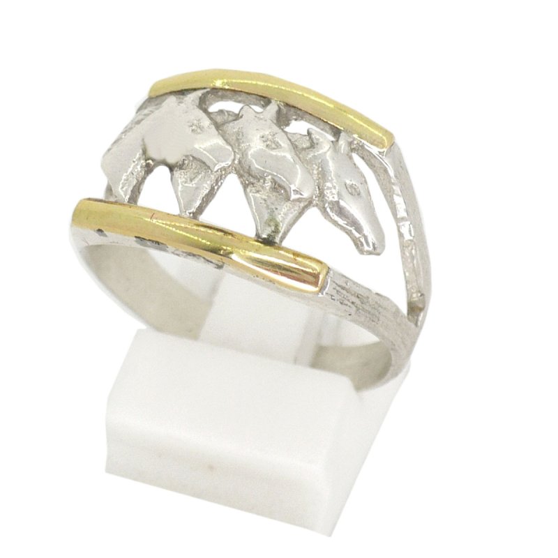 Anillo 3 cabezas de caballo plata 925 y oro
