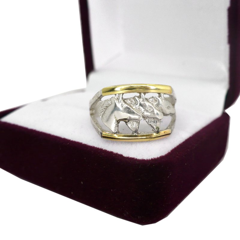 Anillo 3 cabezas de caballo plata 925 y oro - Vista 2